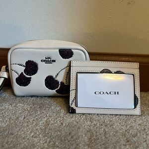NWOT Coach White and Black/Red Glitter Cherries Leather Pouch & Card Holder